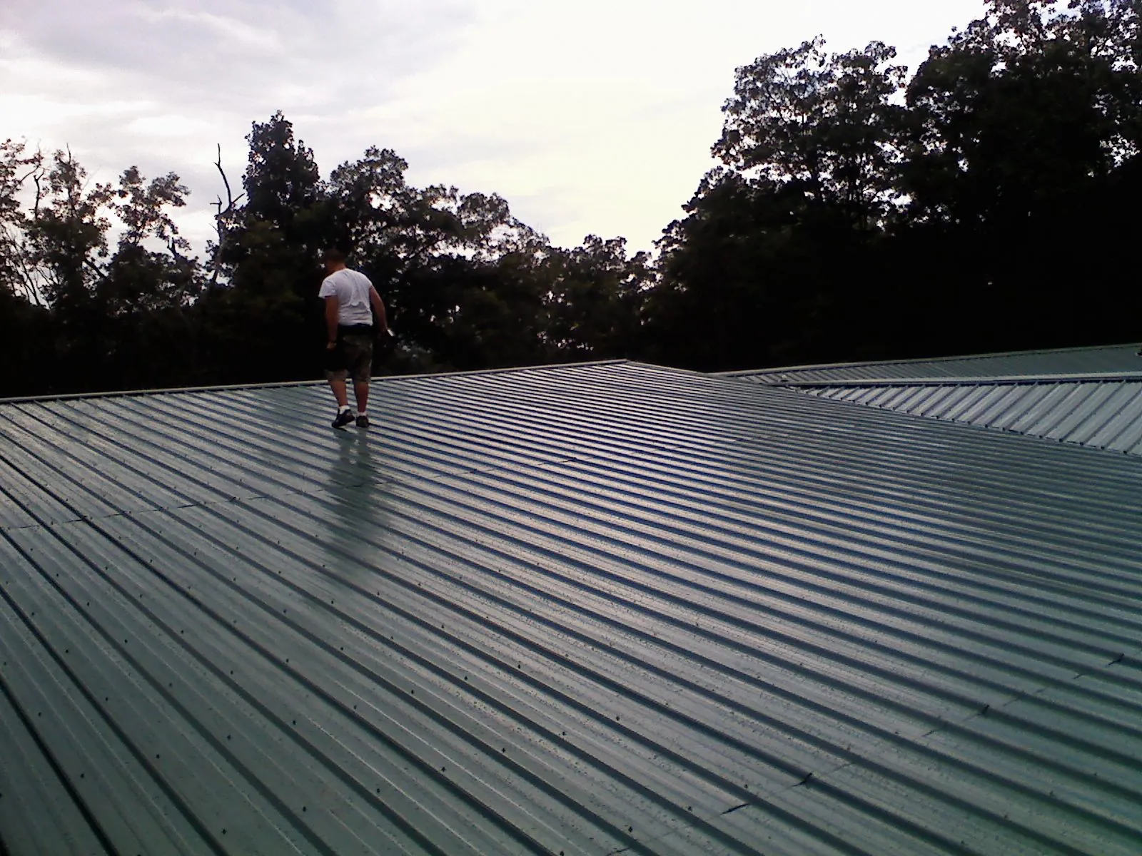 Roofer walking a wide expanse of new green metal roofing in Swanton